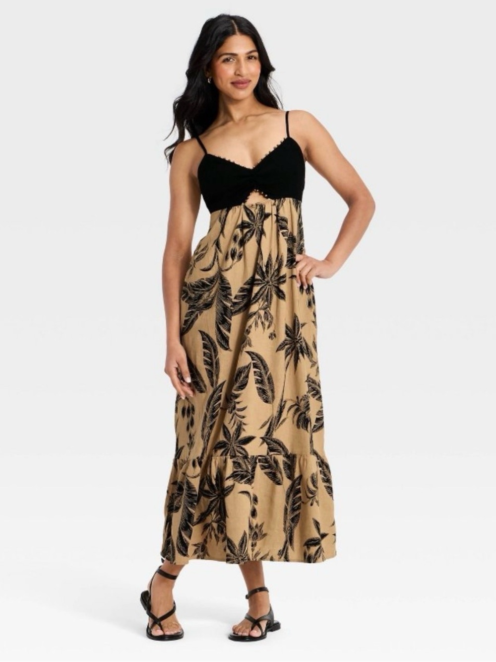 a new day Black and Tan Floral Maxi Dress with Spaghetti Straps